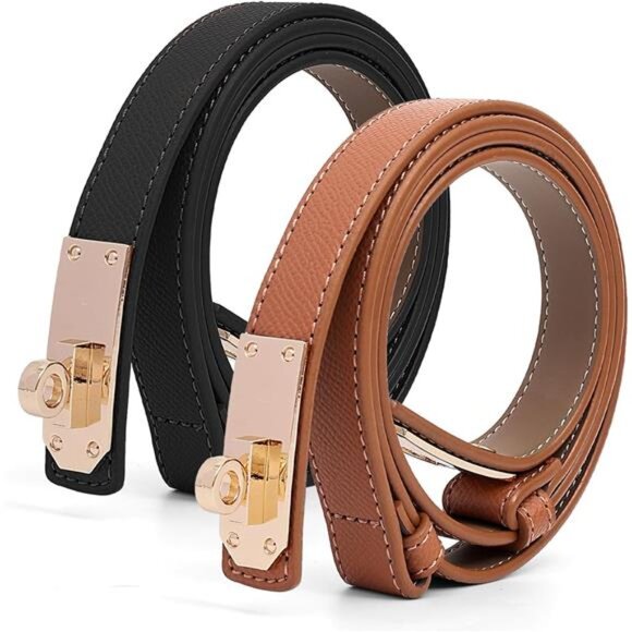 2 Pcs Women's Thin Leather Belts with Turn Lock Buckle Adjustable - Picture 1 of 5